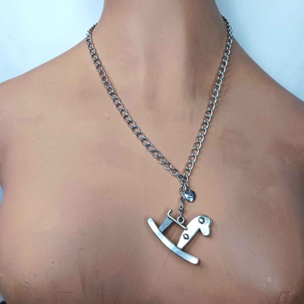 Distresses Silver Rocking Horse Drop Down Necklace with Heart.